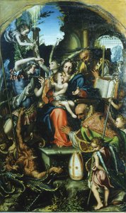 Heilige Familie met de aartsengel Michaël en de duivel die om zielen strijden